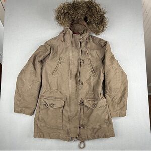 Vintage Y2K GAP Utility Parka Zip Toggle Button Faux Fur Hood Brown S
